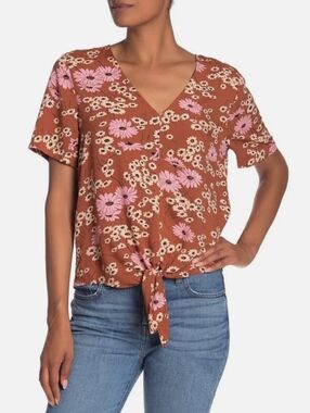 Madewell Brown Floral V-Neck Tie-Front Blouse